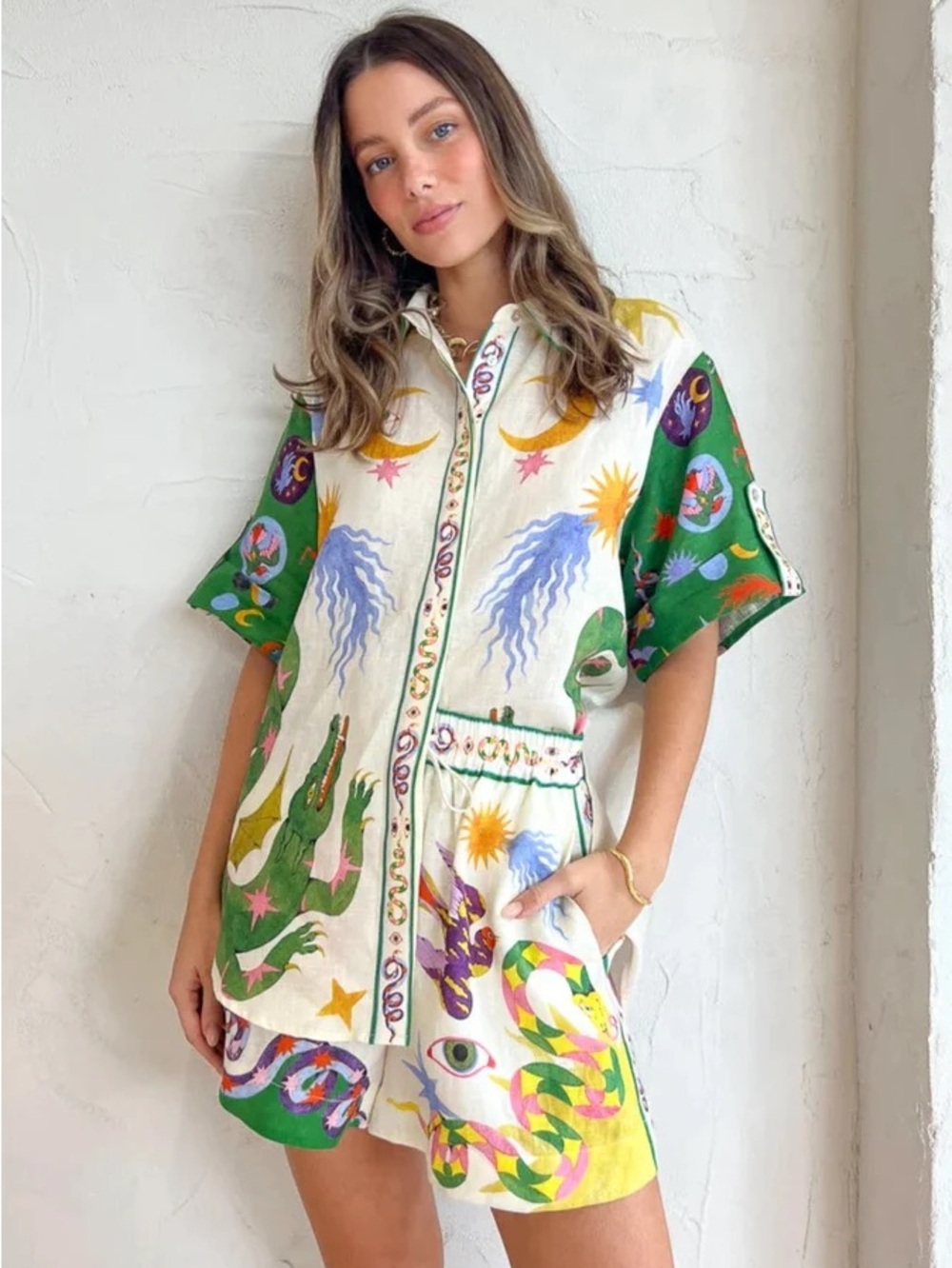 Bohemian Printed Short Sleeve Shirt and Shorts Set in Cream & Green